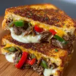 Delicious Philly Steakhouse Grilled Cheese with steak and melted cheese