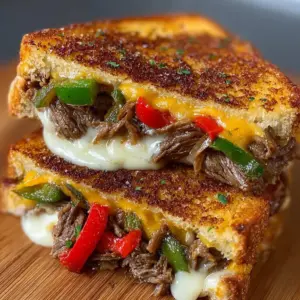Delicious Philly Steakhouse Grilled Cheese with steak and melted cheese