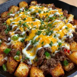 Delicious Philly Steakhouse Potato Skillet with steak and potatoes