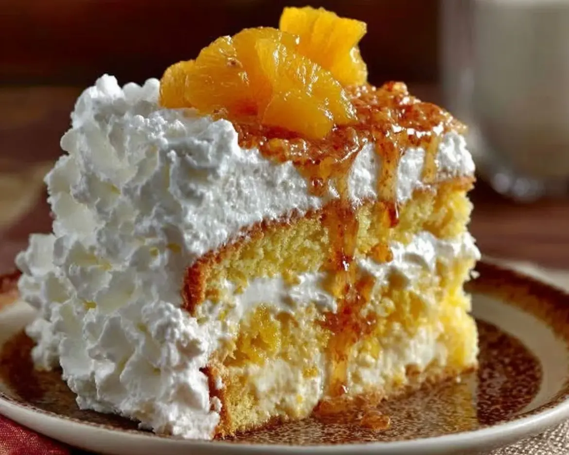 A slice of Pineapple Orange Sunshine Cake topped with orange zest and pineapple pieces.