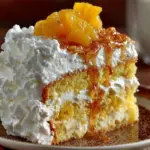 A slice of Pineapple Orange Sunshine Cake topped with orange zest and pineapple pieces.