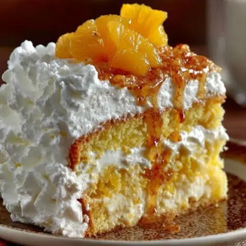 A slice of Pineapple Orange Sunshine Cake topped with orange zest and pineapple pieces.