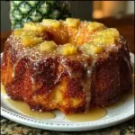 Delicious Pineapple Pound Cake fresh out of the oven topped with pineapple slices.