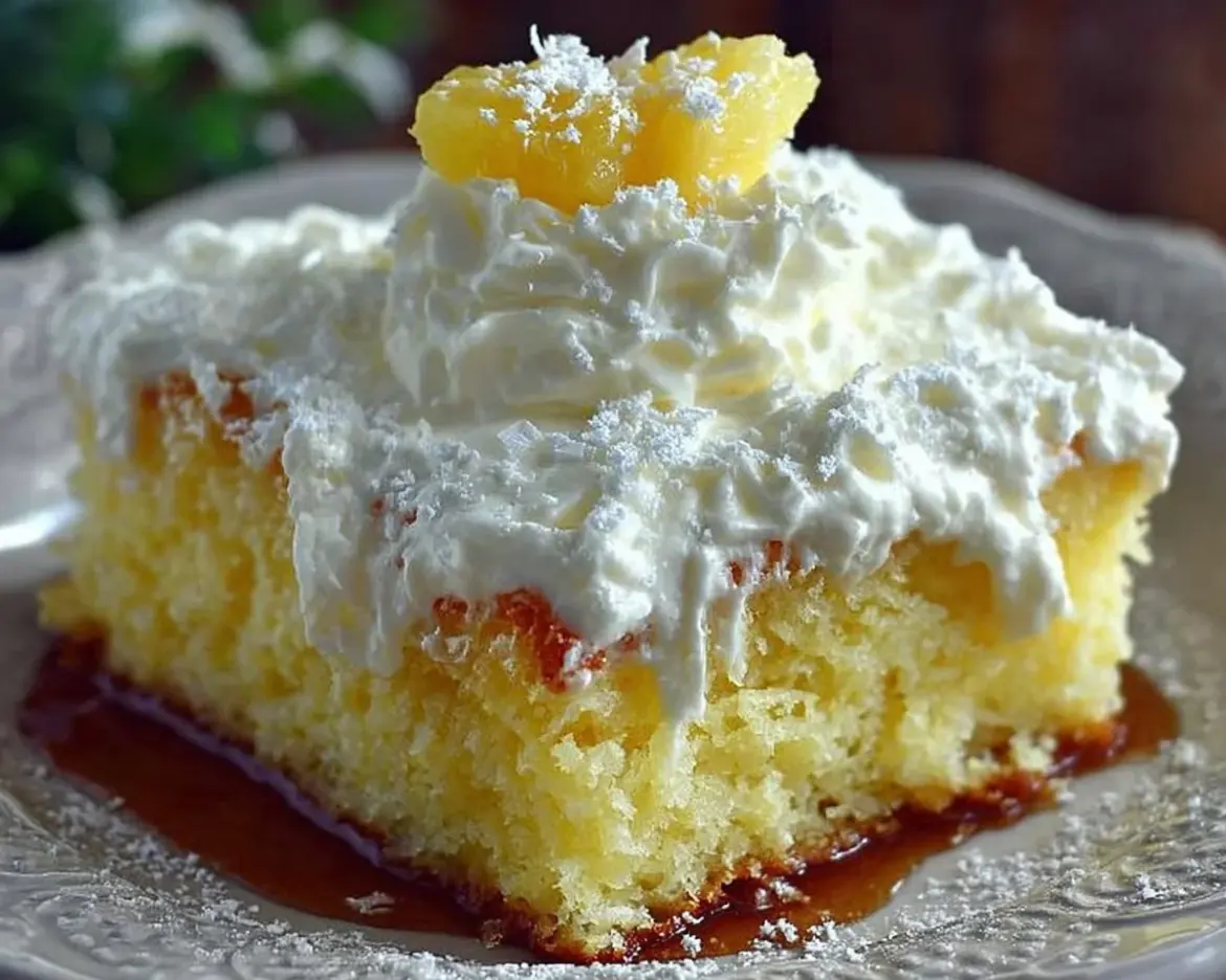 Delicious Pineapple Sunshine Cake topped with fresh pineapple slices.