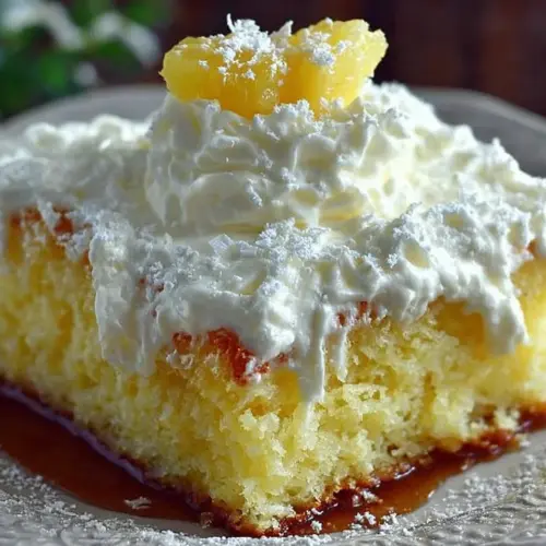 Delicious Pineapple Sunshine Cake topped with fresh pineapple slices.