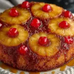 Delicious homemade Pineapple Upside-Down Cake with caramelized pineapples.