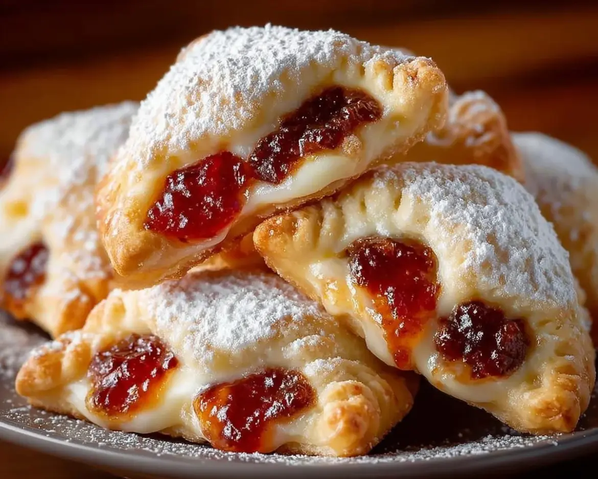 Homemade Polish Kolaczki cookies filled with fruit preserves on a plate.