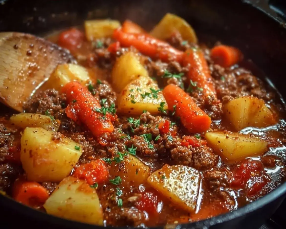 Bowl of Poor Man’s Stew with vegetables and meat