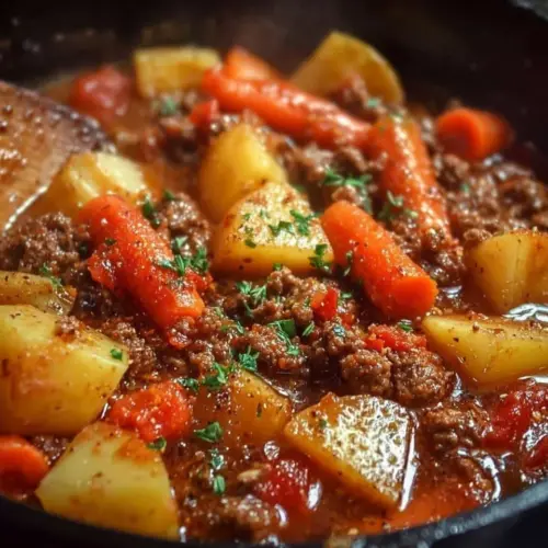 Bowl of Poor Man’s Stew with vegetables and meat