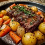 Delicious pot roast with carrots and potatoes served on a plate