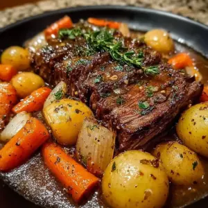 Delicious pot roast with carrots and potatoes served on a plate