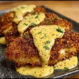 Delicious pretzel-crusted chicken with creamy mustard cheddar sauce plated beautifully.