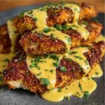 Pretzel-Crusted Chicken served with Creamy Mustard Cheddar Sauce on a plate