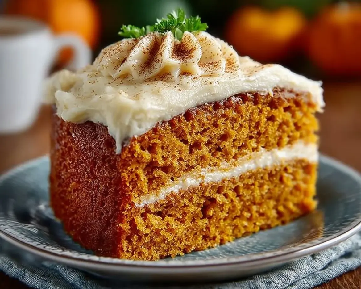 Delicious pumpkin cake with cinnamon cream cheese frosting on a rustic plate