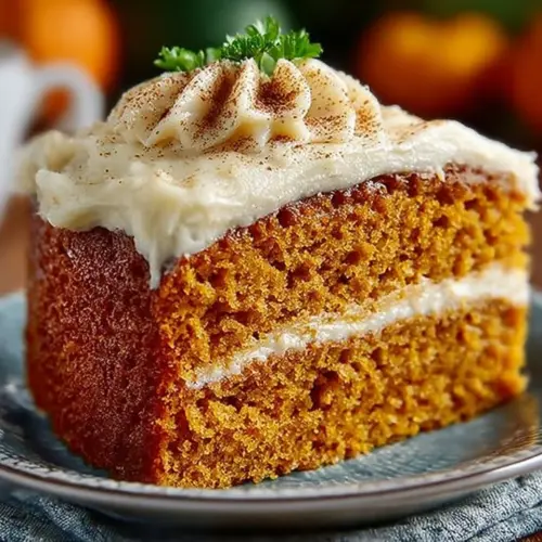 Delicious pumpkin cake with cinnamon cream cheese frosting on a rustic plate