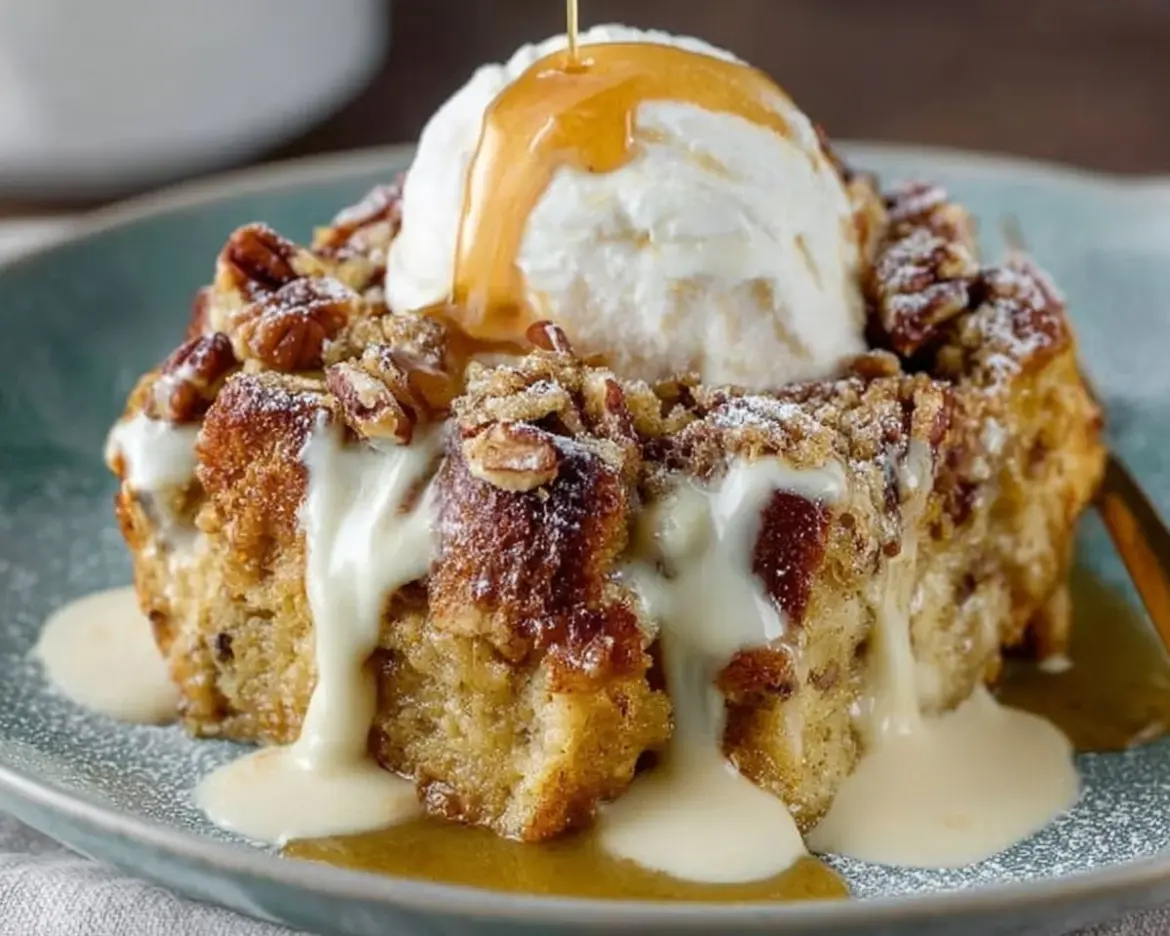 Slice of Pumpkin Pecan Bread Pudding topped with pecans and warm spices