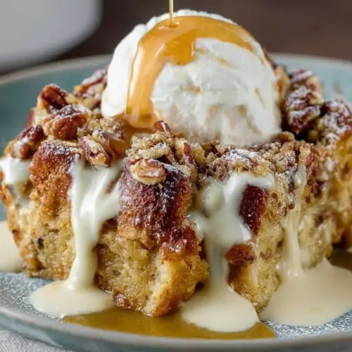 Slice of Pumpkin Pecan Bread Pudding topped with pecans and warm spices