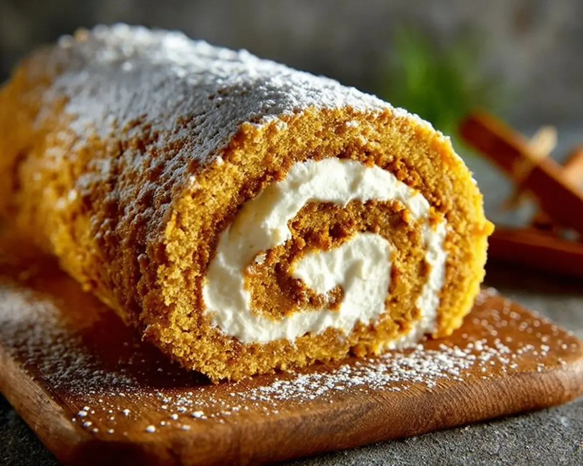 Delicious pumpkin roll with cream cheese filling on a rustic table