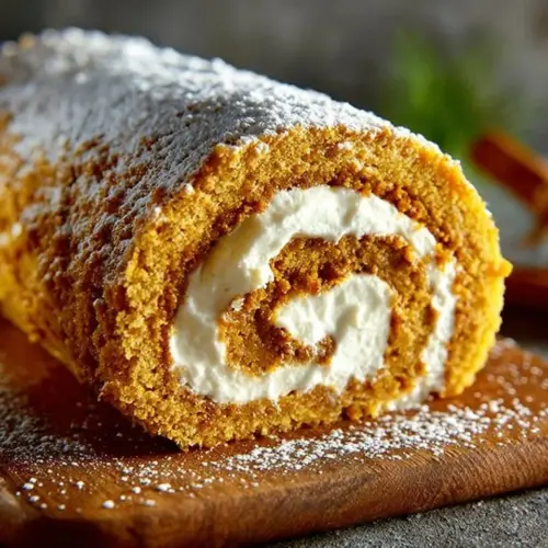 Delicious pumpkin roll with cream cheese filling on a rustic table