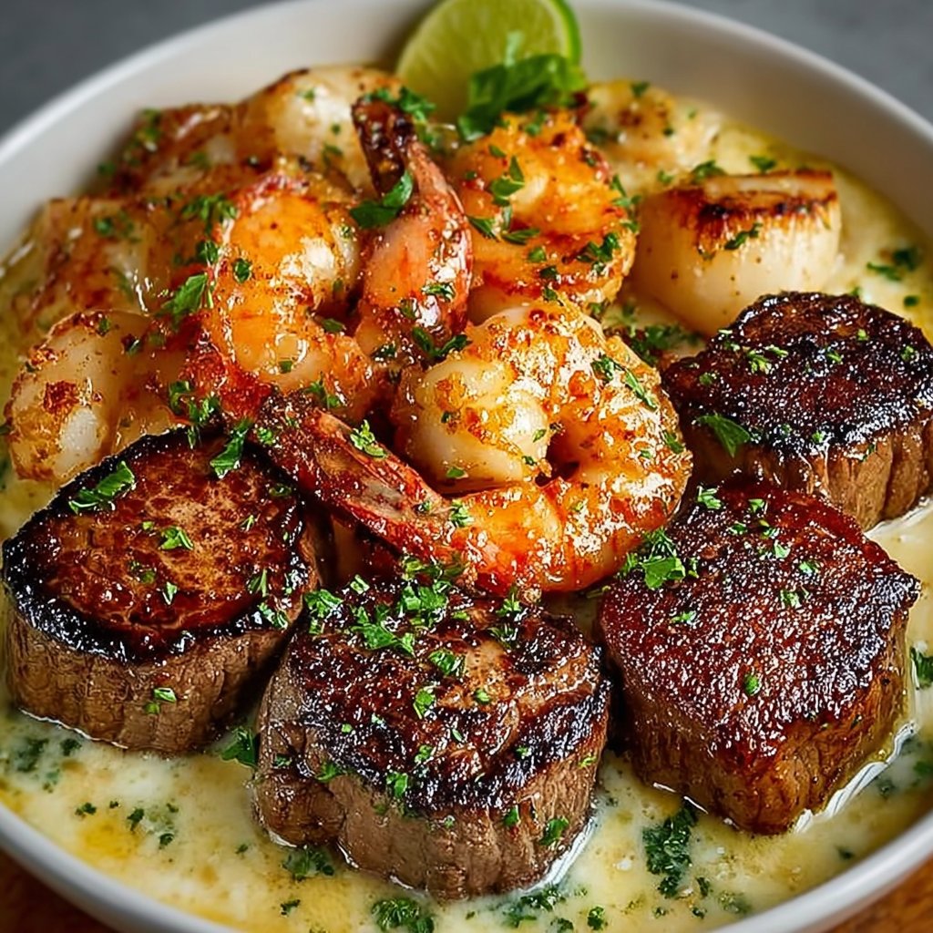 Surf and Turf with Creamy Garlic Butter Sauce