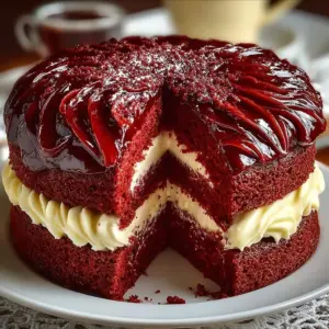 Slice of Red Velvet Buttermilk Cake on a white plate with cream cheese frosting.