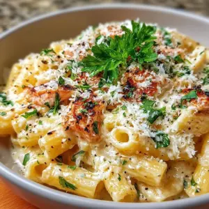 Rich and creamy garlic parmesan pasta topped with fresh parsley