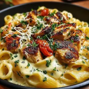 Delicious Italian chicken pasta in creamy sauce garnished with herbs