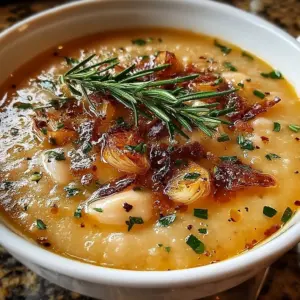 Bowl of roasted garlic and rosemary white bean soup garnished with herbs.