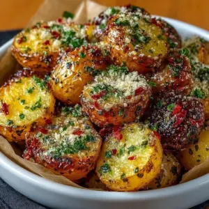 Roasted garlic butter parmesan potatoes served in a bowl