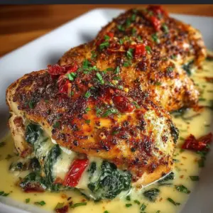 Roasted red pepper, spinach, and mozzarella stuffed chicken dish on a plate