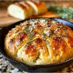 Freshly baked rustic garlic rosemary skillet bread served warm.