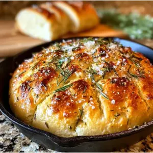 Freshly baked rustic garlic rosemary skillet bread served warm.