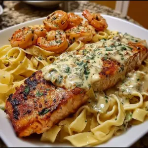 Delicious Salmon Alfredo with shrimp in creamy sauce over pasta