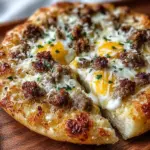 Sausage Gravy Biscuit Breakfast Pizza with melted cheese and savory toppings