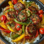 Sausage and peppers with onions and tomatoes served over rice