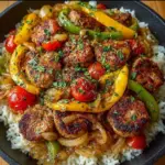 Sausage with peppers, onions, and tomatoes served over rice