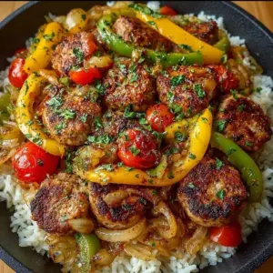 Sausage with peppers, onions, and tomatoes served over rice