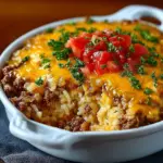 Savory beef and rice casserole topped with melted cheddar cheese.
