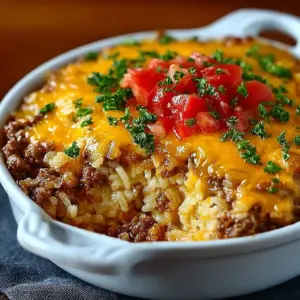 Savory beef and rice casserole topped with melted cheddar cheese.