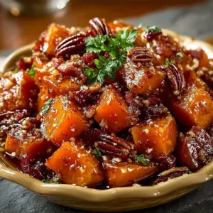 Savory candied yams topped with bacon and pecans in a baking dish.