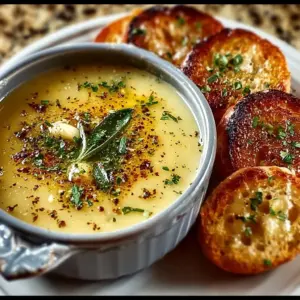 Bowl of savory French Garlic Soup topped with fresh herbs