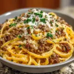 Savory garlic butter beef linguine in creamy Parmesan sauce