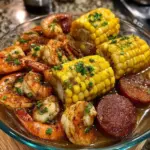 Delicious seafood boil featuring shrimp, crab, and vegetables in a savory broth.