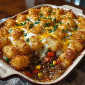 Delicious Shepherd's Pie Tater Tot Casserole topped with crispy tater tots