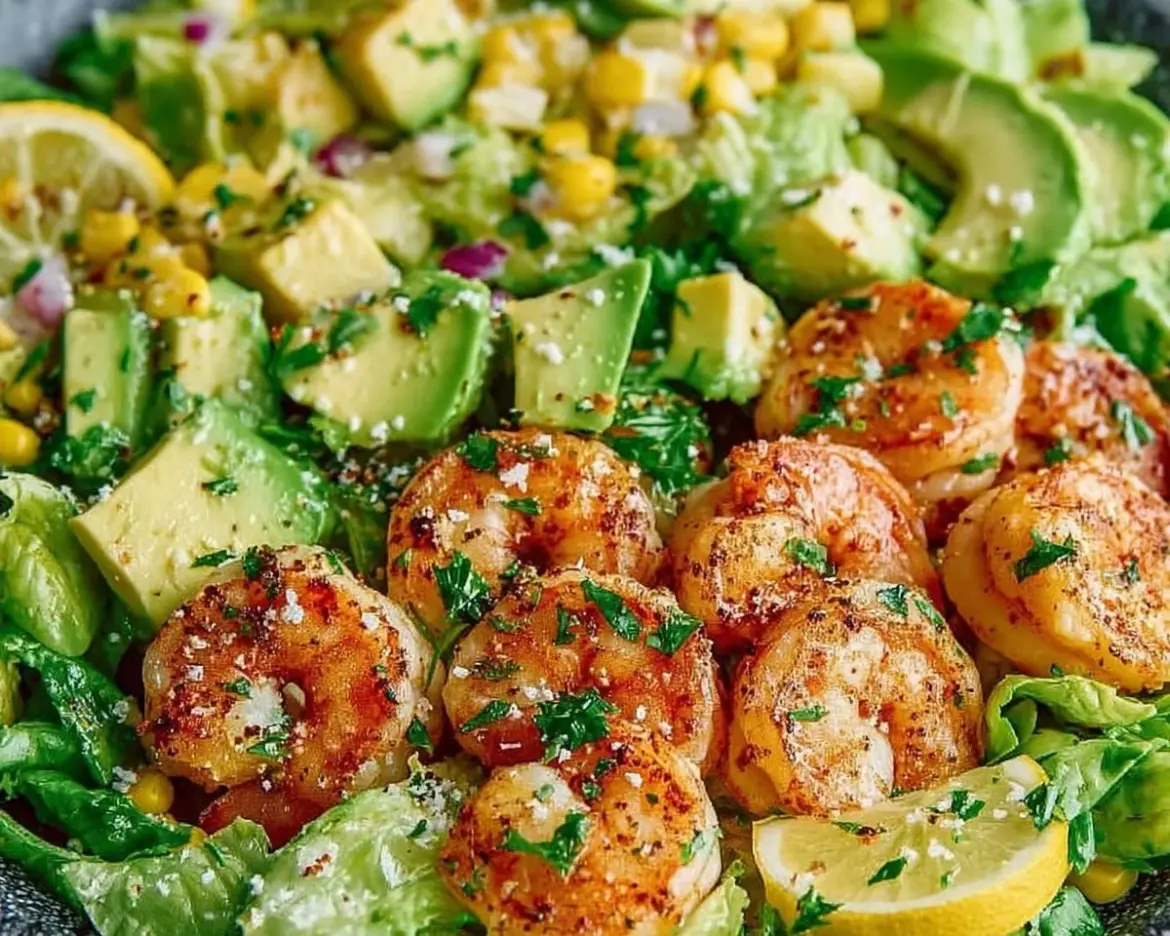 Delicious shrimp avocado salad topped with fresh ingredients