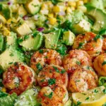 Delicious shrimp avocado salad topped with fresh ingredients