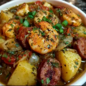 Bowl of Shrimp Sausage Potato Stew, rich and hearty dish with shrimp and sausage.
