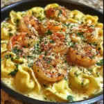 Plate of shrimp tortellini in lemon garlic cream sauce with fresh herbs garnish