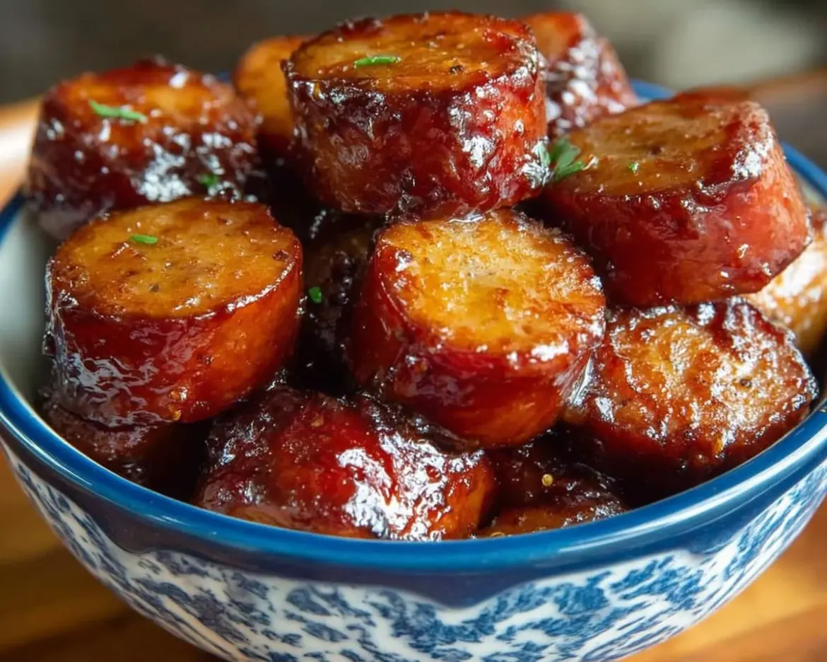 Slow cooker brown sugar kielbasa bites served on a platter