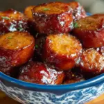 Slow cooker brown sugar kielbasa bites served on a platter